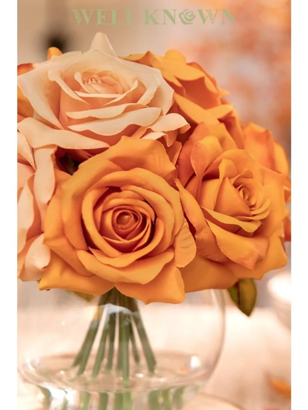 Elegant Burnt Orange Rose Arrangement in Vase with Faux Water - Artificial